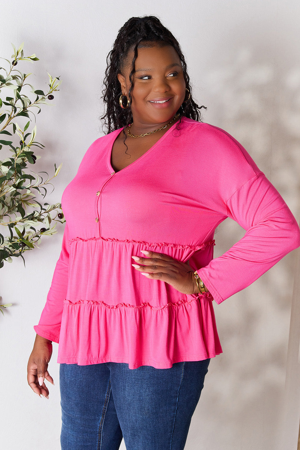 Double Take Half Button Long Sleeve Ruffle Hem Blouse - TOPS - Mixed