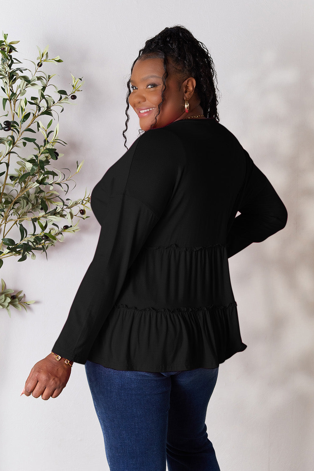 Double Take Half Button Long Sleeve Ruffle Hem Blouse - TOPS - Mixed