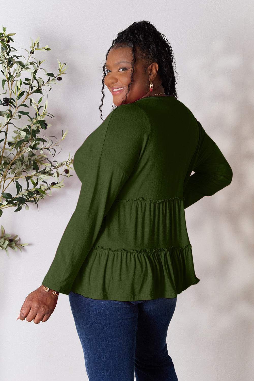 Double Take Half Button Long Sleeve Ruffle Hem Blouse - TOPS - Mixed