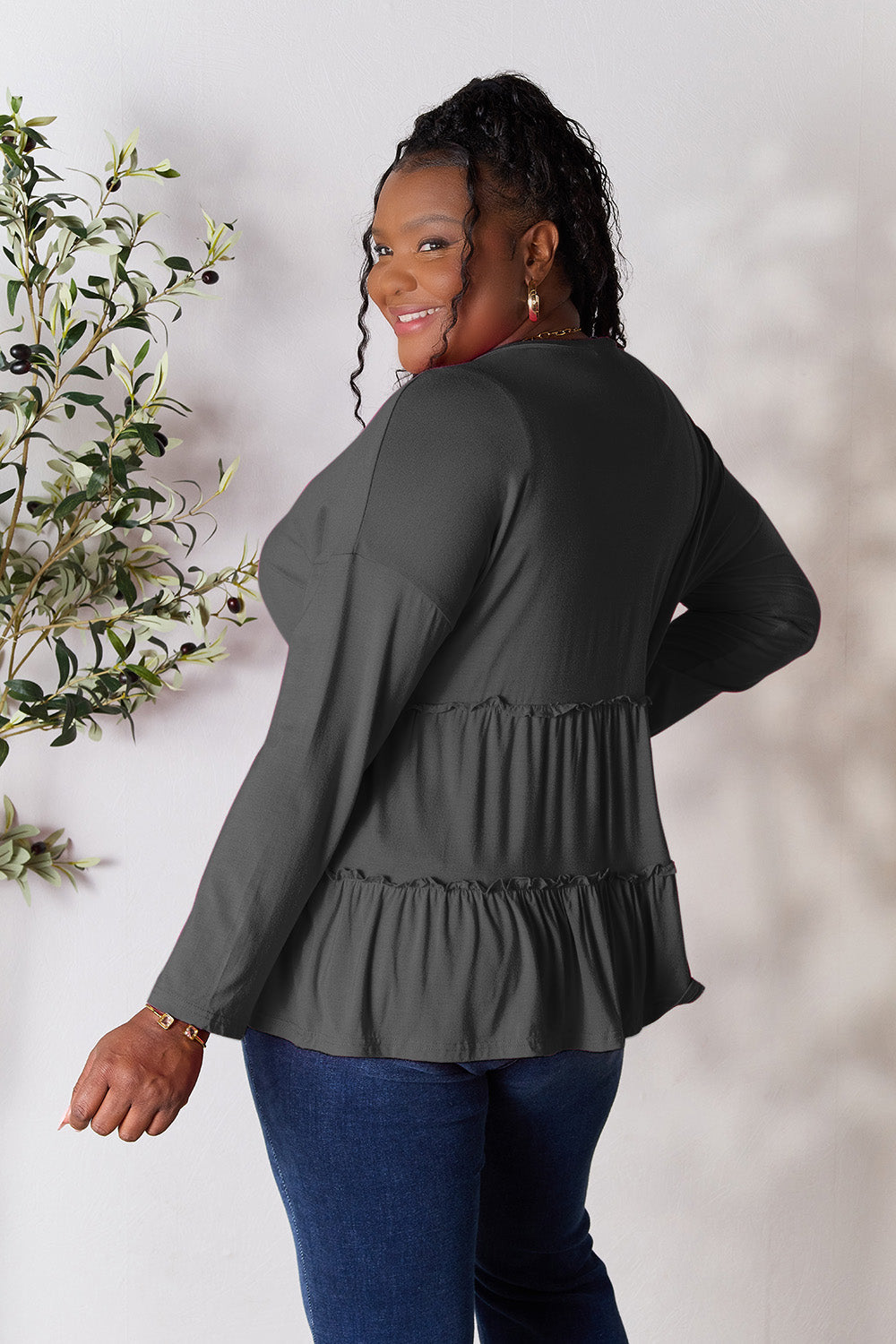 Double Take Half Button Long Sleeve Ruffle Hem Blouse - TOPS - Mixed