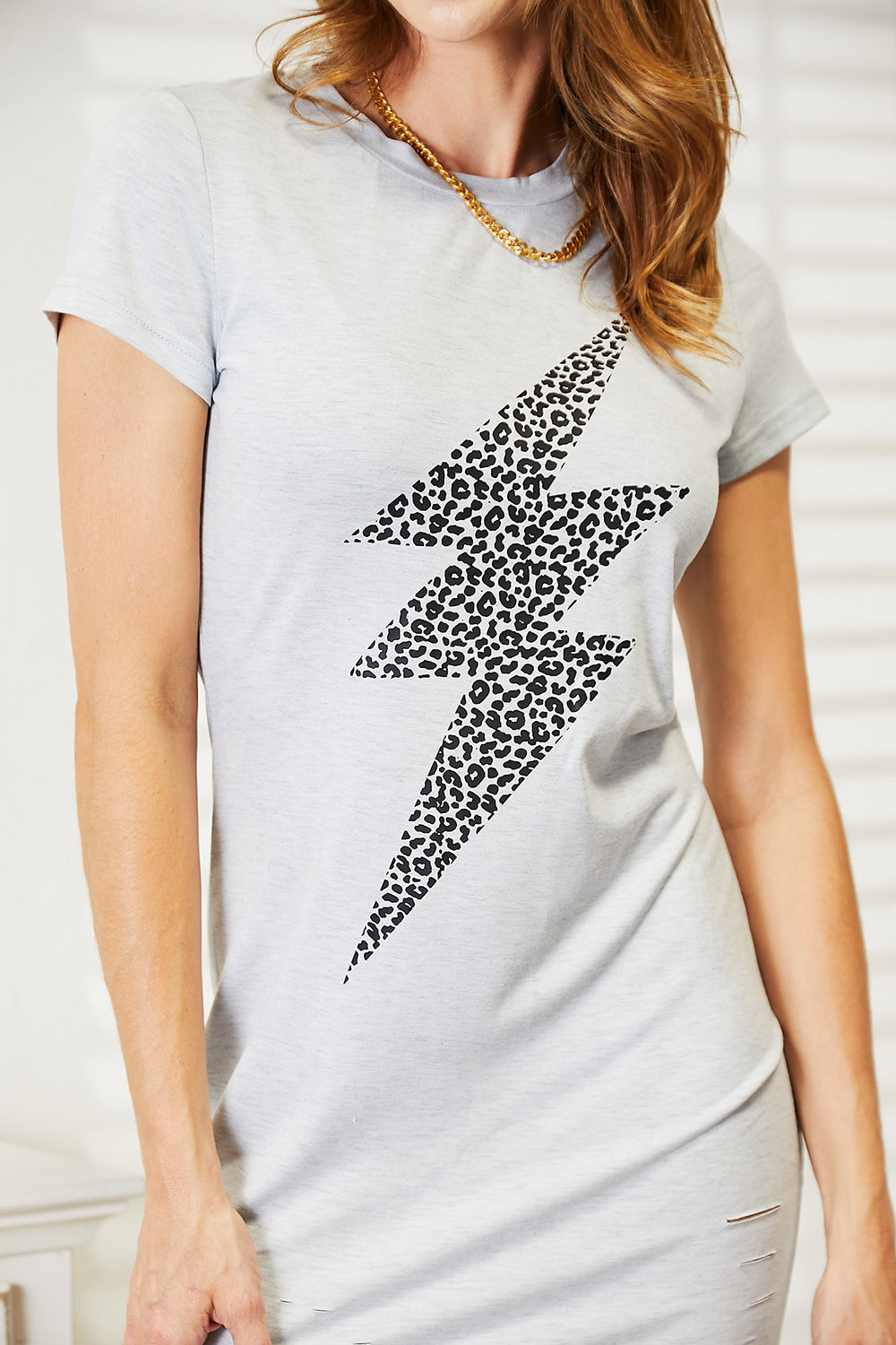 Double Take Leopard Lightning Graphic Tee Dress - DRESSES - Grey