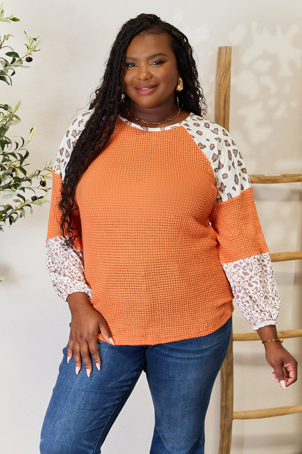 Double Take Leopard Waffle-Knit Long Sleeve Blouse - Caramel / S - SHIRTS & BLOUSES - Caramel