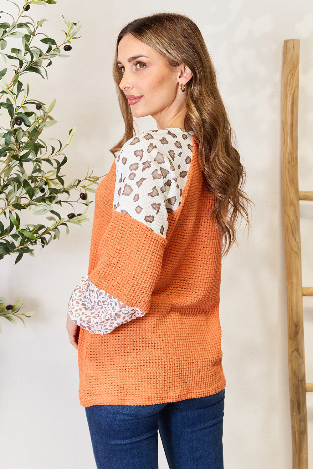 Double Take Leopard Waffle-Knit Long Sleeve Blouse - SHIRTS & BLOUSES - Caramel