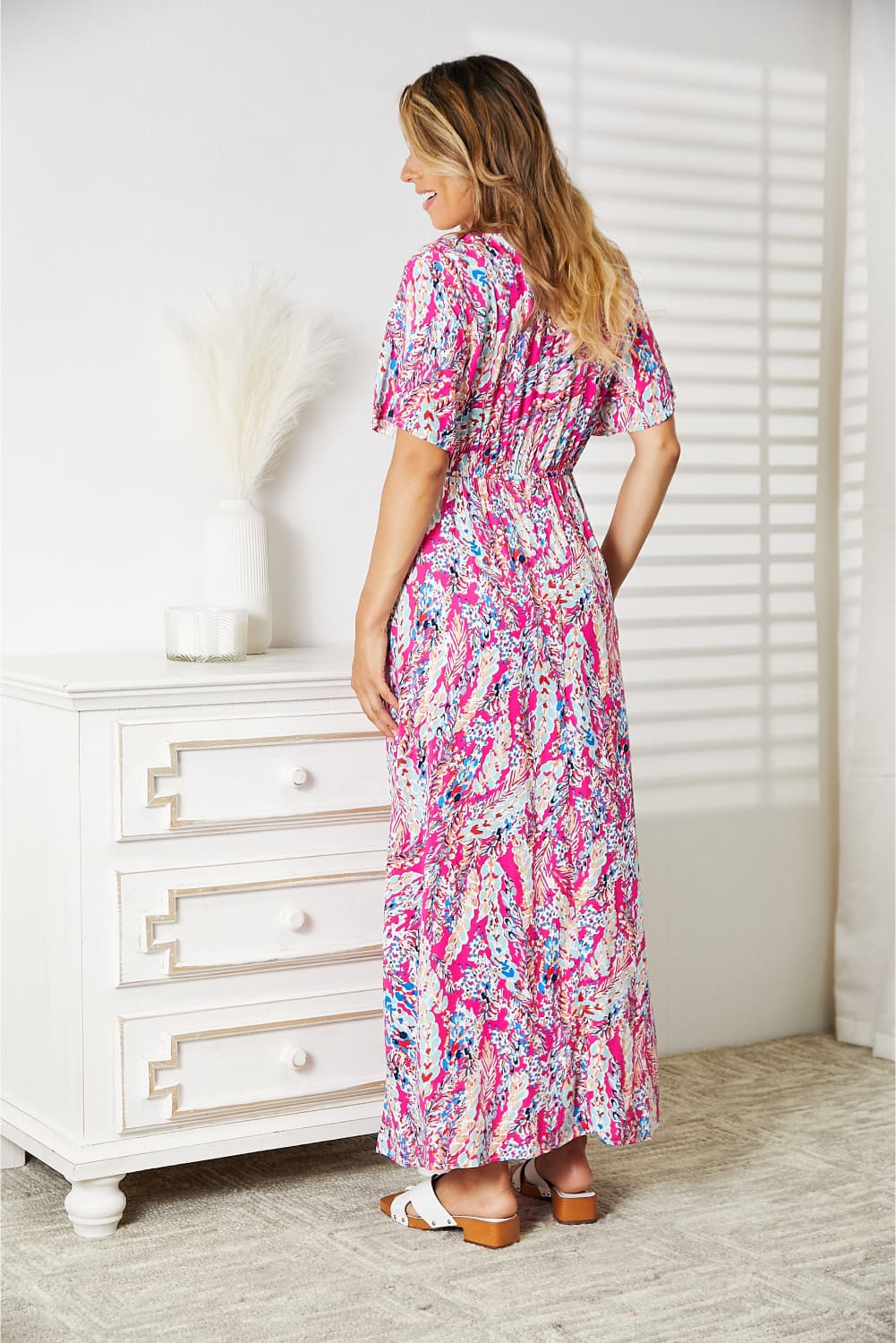 Double Take Multicolored V-Neck Maxi Dress - PLUS DRESSES - Hot pink