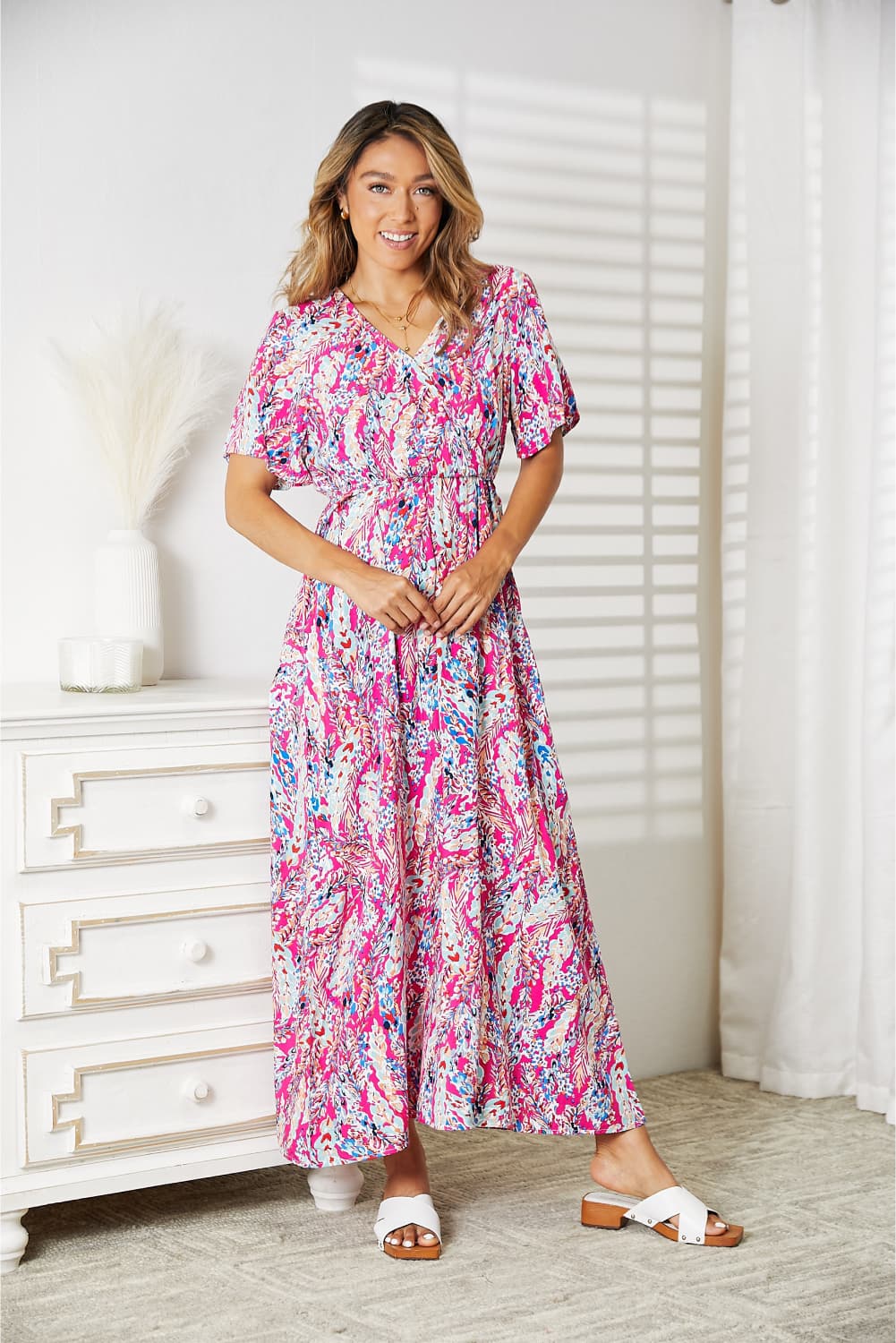 Double Take Multicolored V-Neck Maxi Dress - PLUS DRESSES - Hot pink