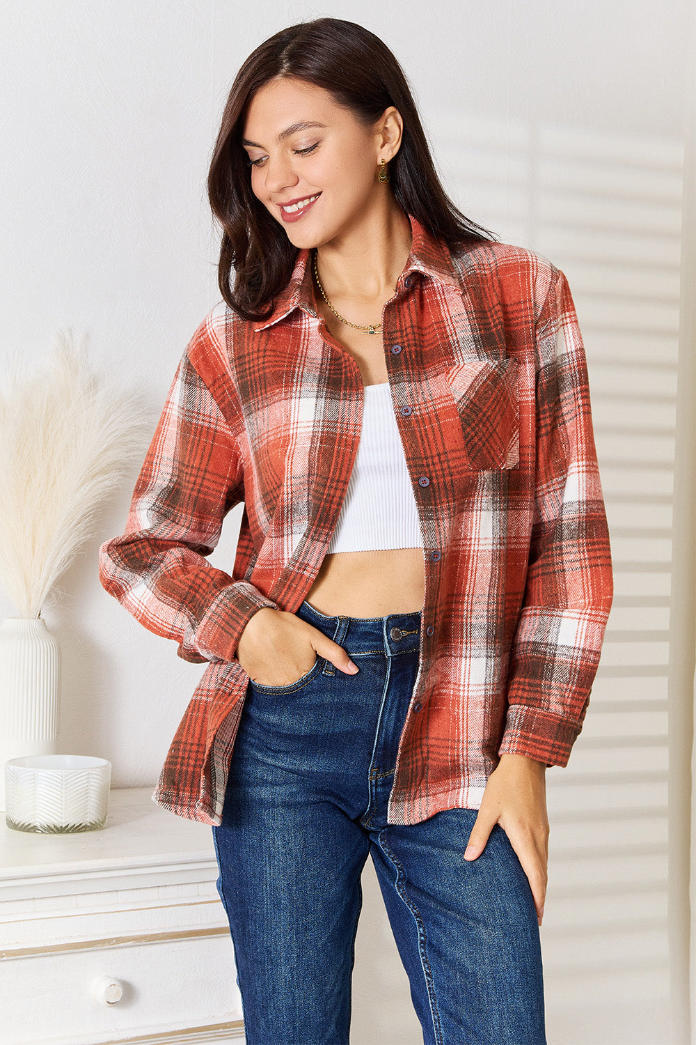 Double Take Plaid Collared Neck Long Sleeve Shirt - Caramel / S - SHIRTS & BLOUSES - Caramel