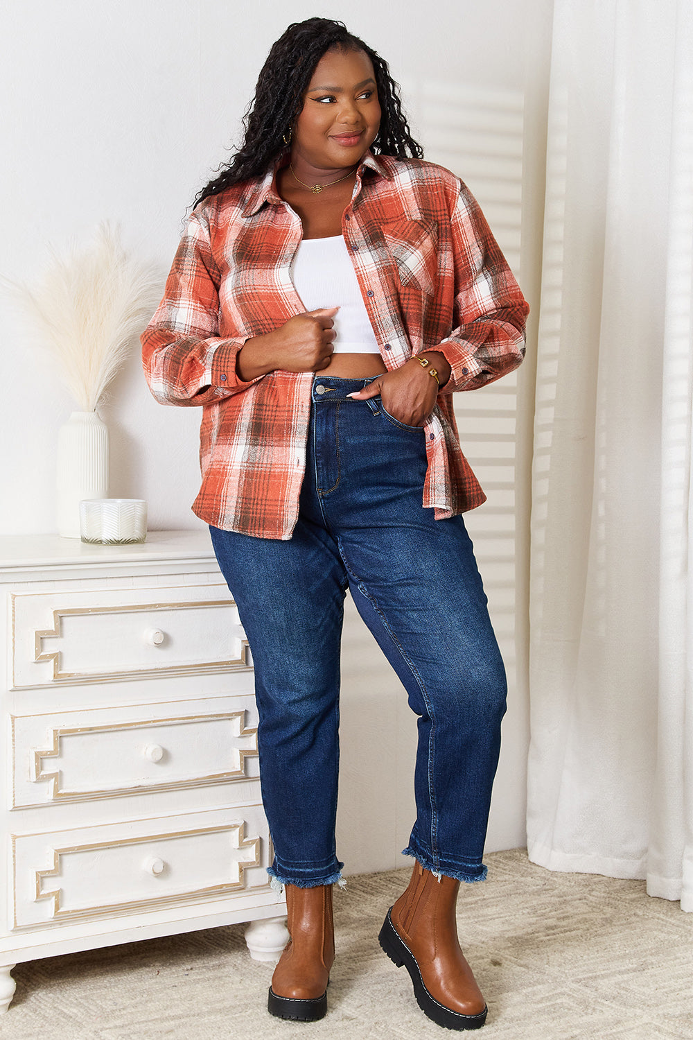 Double Take Plaid Collared Neck Long Sleeve Shirt - SHIRTS & BLOUSES - Caramel