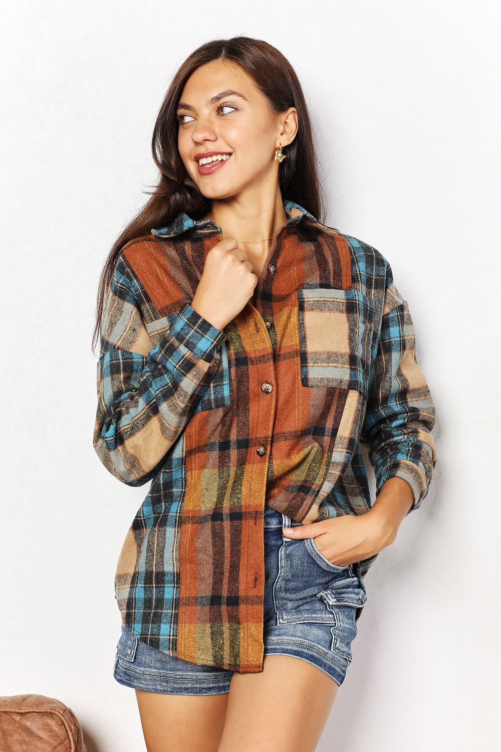 Double Take Plaid Curved Hem Shirt Jacket with Breast Pockets - Plaid / S - SHIRTS & BLOUSES - Multi