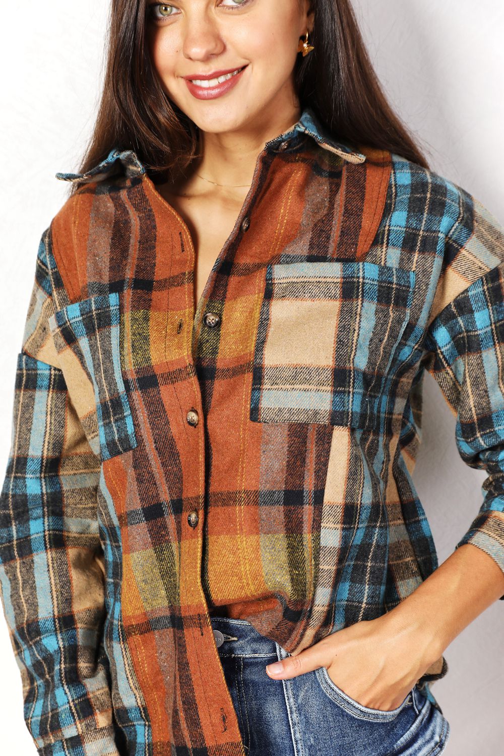 Double Take Plaid Curved Hem Shirt Jacket with Breast Pockets - SHIRTS & BLOUSES - Multi