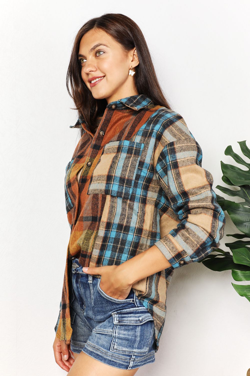 Double Take Plaid Curved Hem Shirt Jacket with Breast Pockets - SHIRTS & BLOUSES - Multi