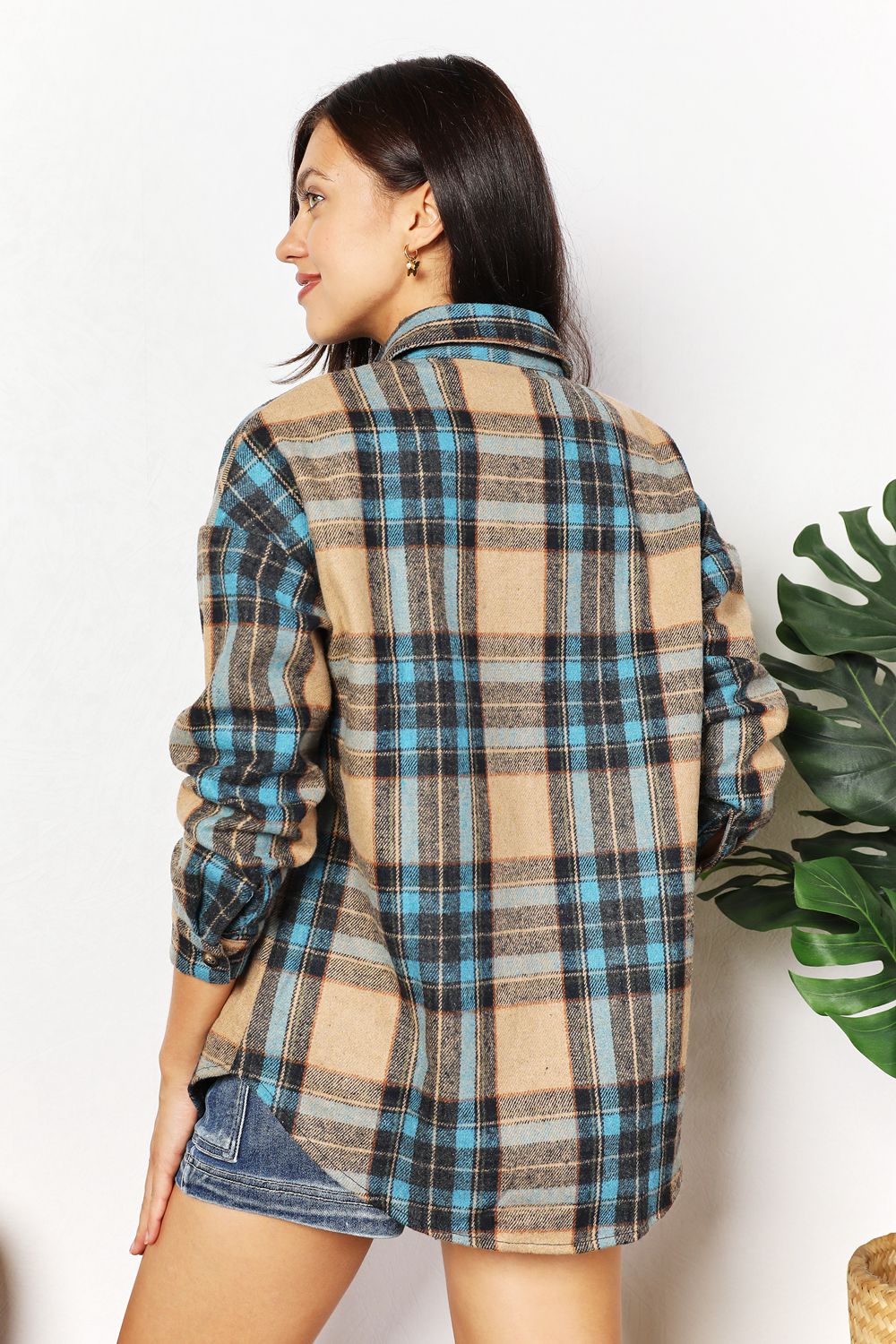 Double Take Plaid Curved Hem Shirt Jacket with Breast Pockets - SHIRTS & BLOUSES - Multi