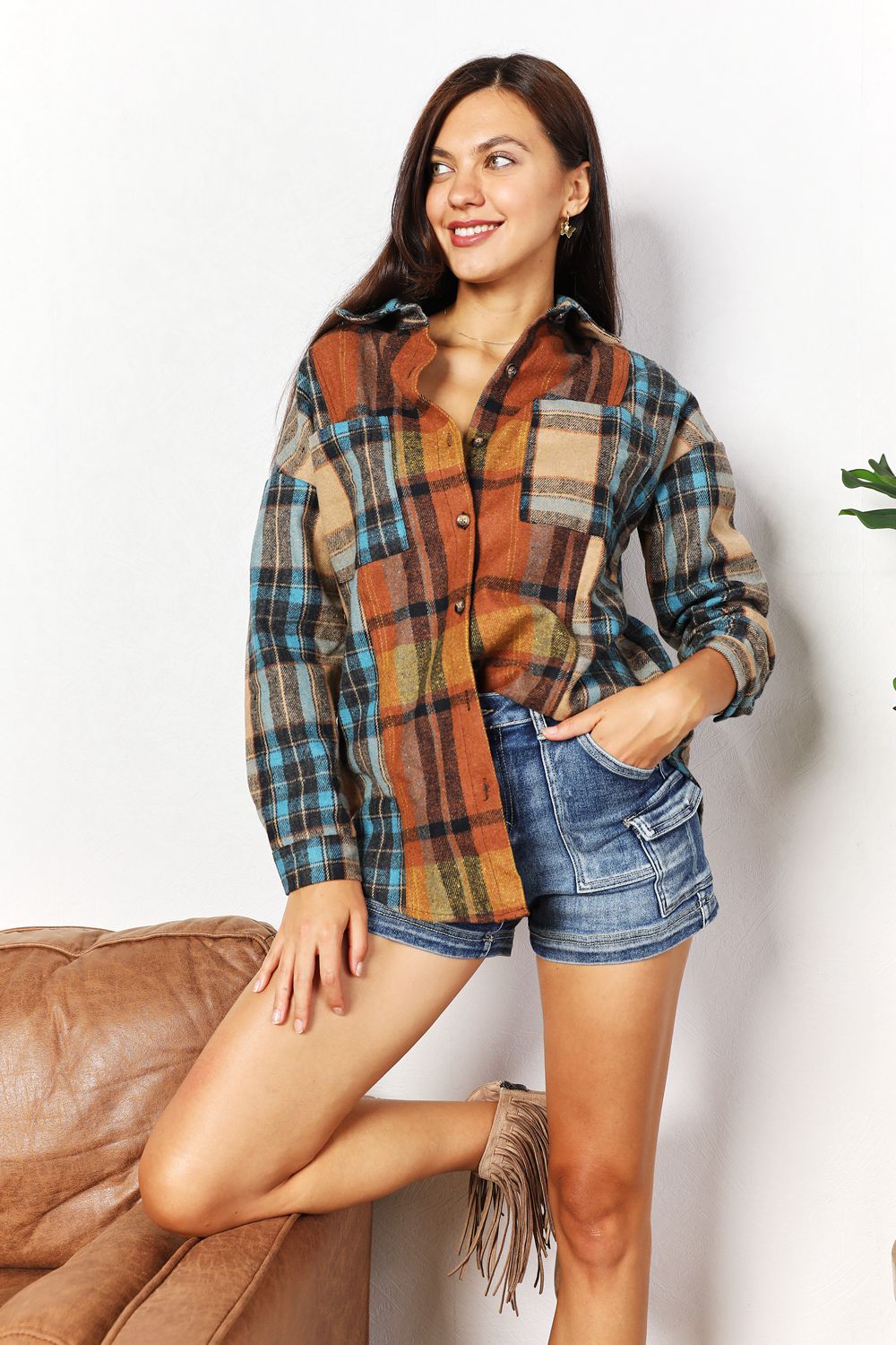 Double Take Plaid Curved Hem Shirt Jacket with Breast Pockets - SHIRTS & BLOUSES - Multi