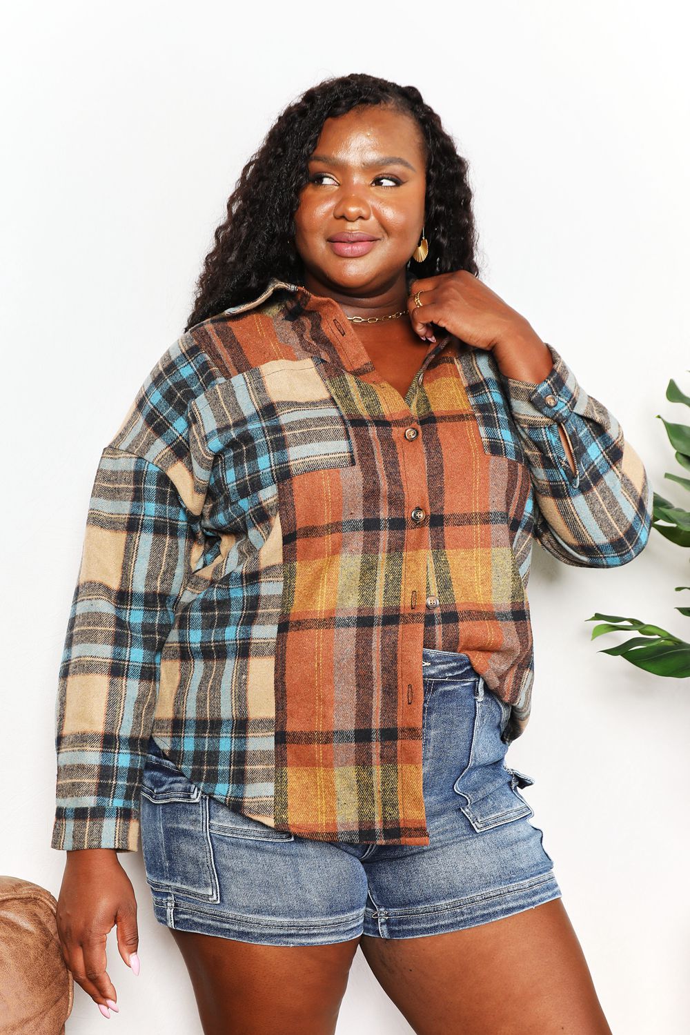 Double Take Plaid Curved Hem Shirt Jacket with Breast Pockets - SHIRTS & BLOUSES - Multi