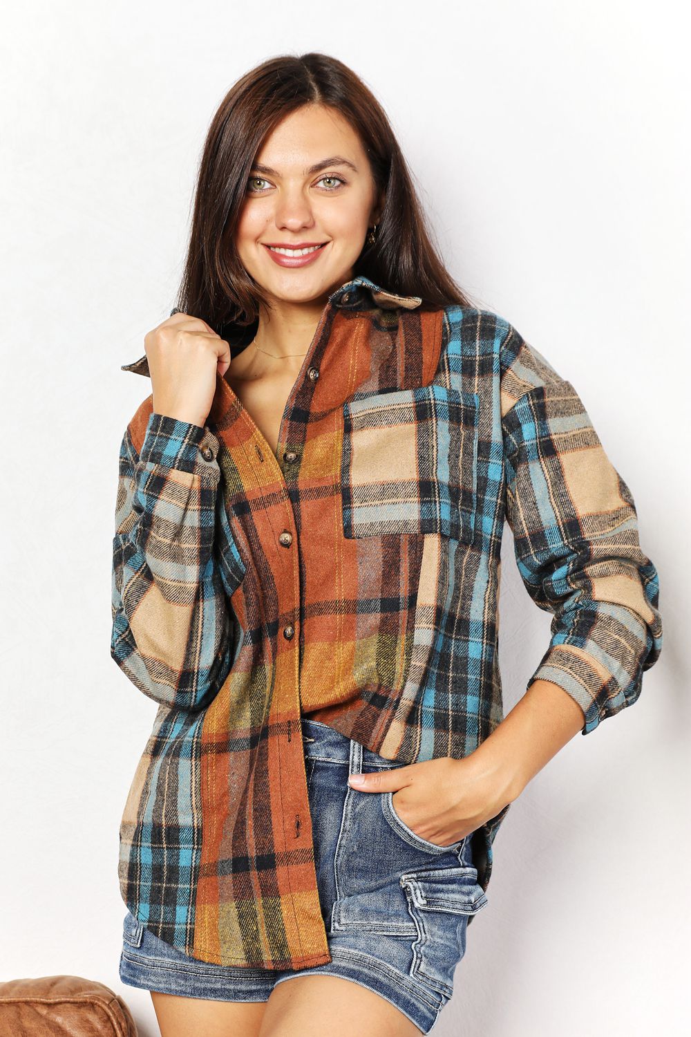 Double Take Plaid Curved Hem Shirt Jacket with Breast Pockets - SHIRTS & BLOUSES - Multi