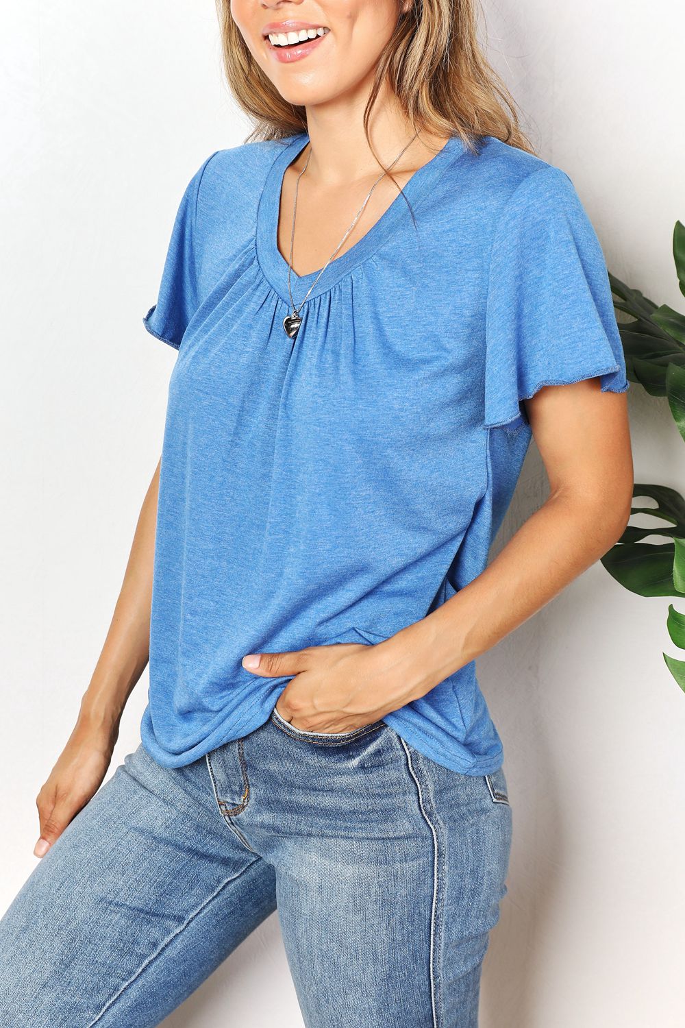 Double Take Ruched V-Neck Short Sleeve T-Shirt - SHIRTS & BLOUSES - Sky Blue