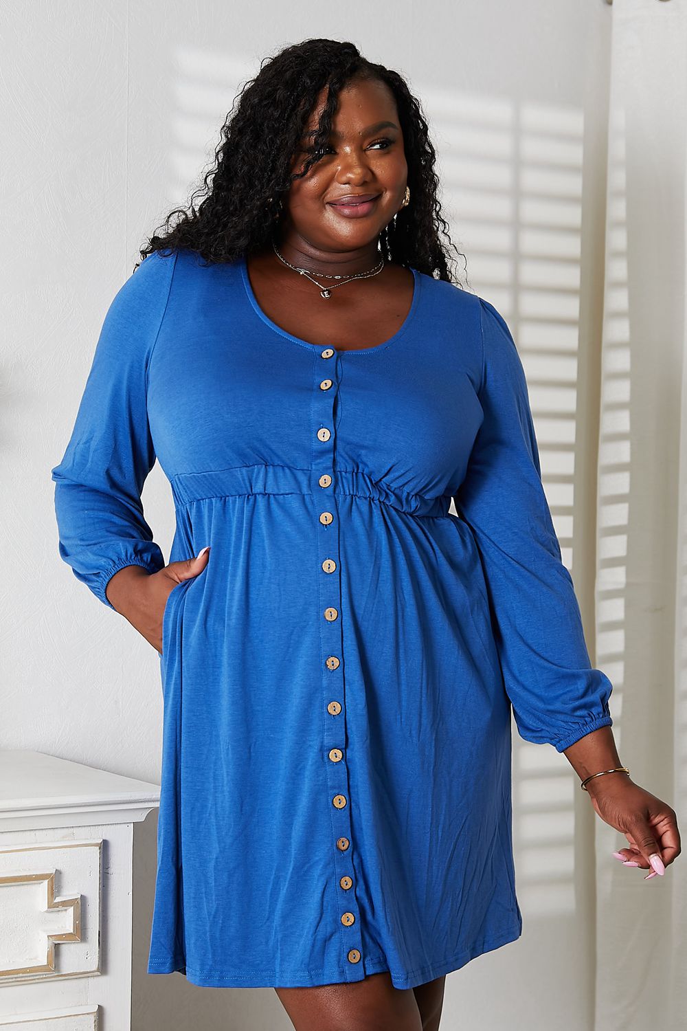 Double Take Scoop Neck Empire Waist Long Sleeve Magic Dress - PLUS DRESSES - Blue