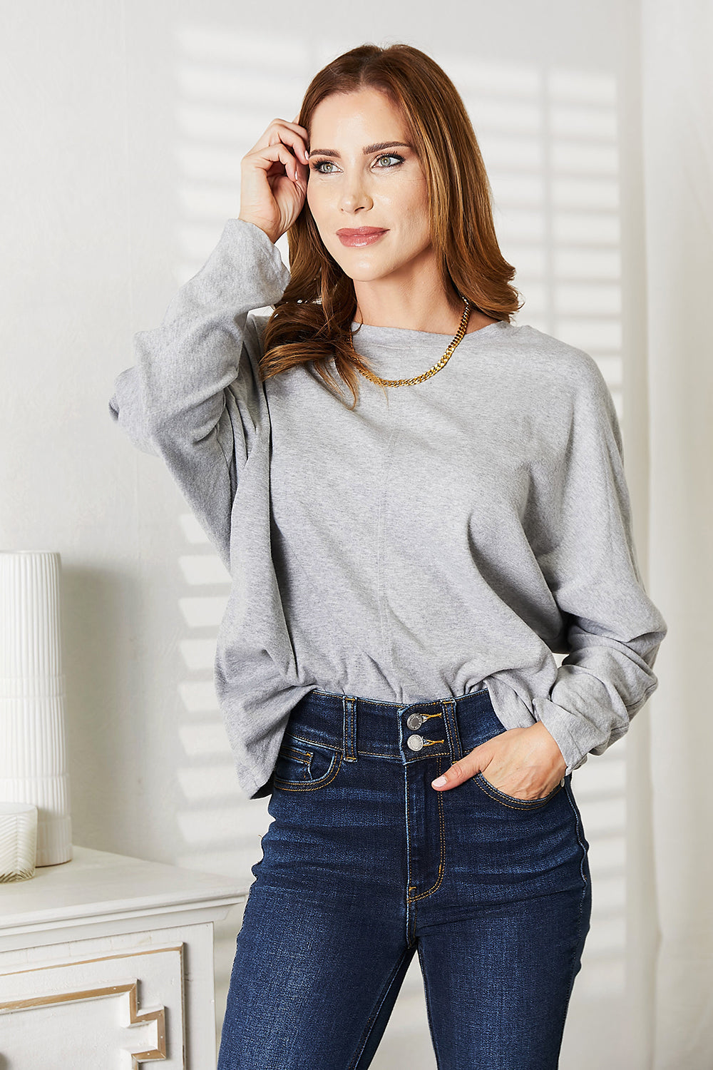 Double Take Seam Detail Round Neck Long Sleeve Top - Light Gray / S - TOPS - Black