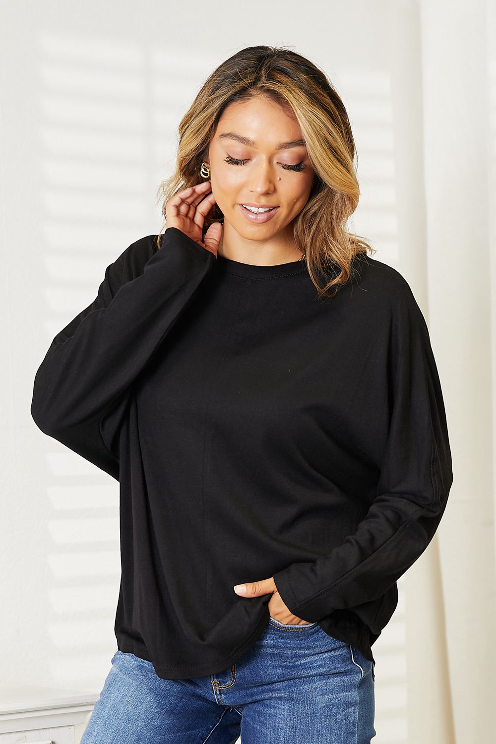 Double Take Seam Detail Round Neck Long Sleeve Top - TOPS - Black