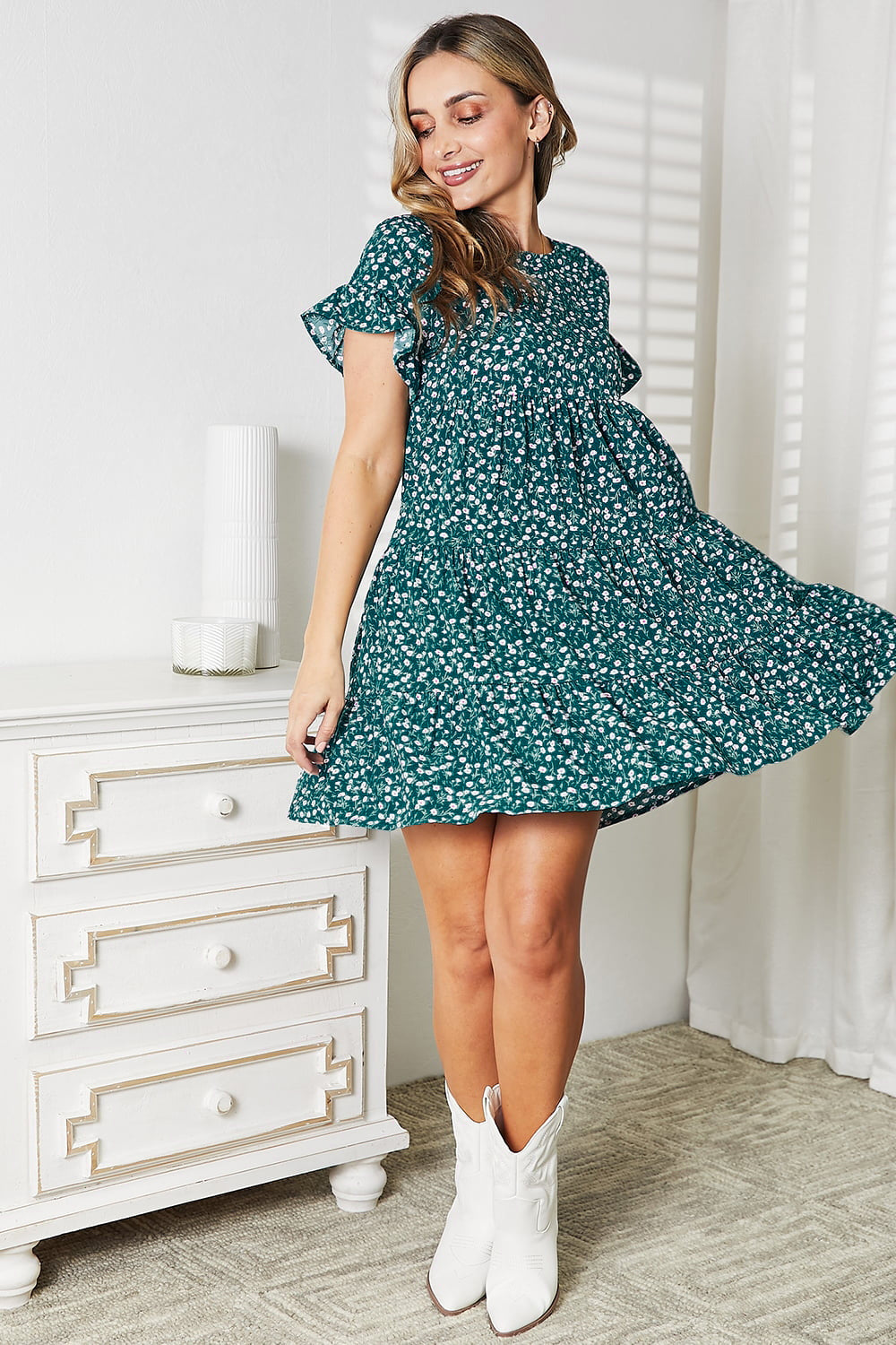 Double Take Short Flounce Sleeve Tiered Dress - DRESSES - Floral print