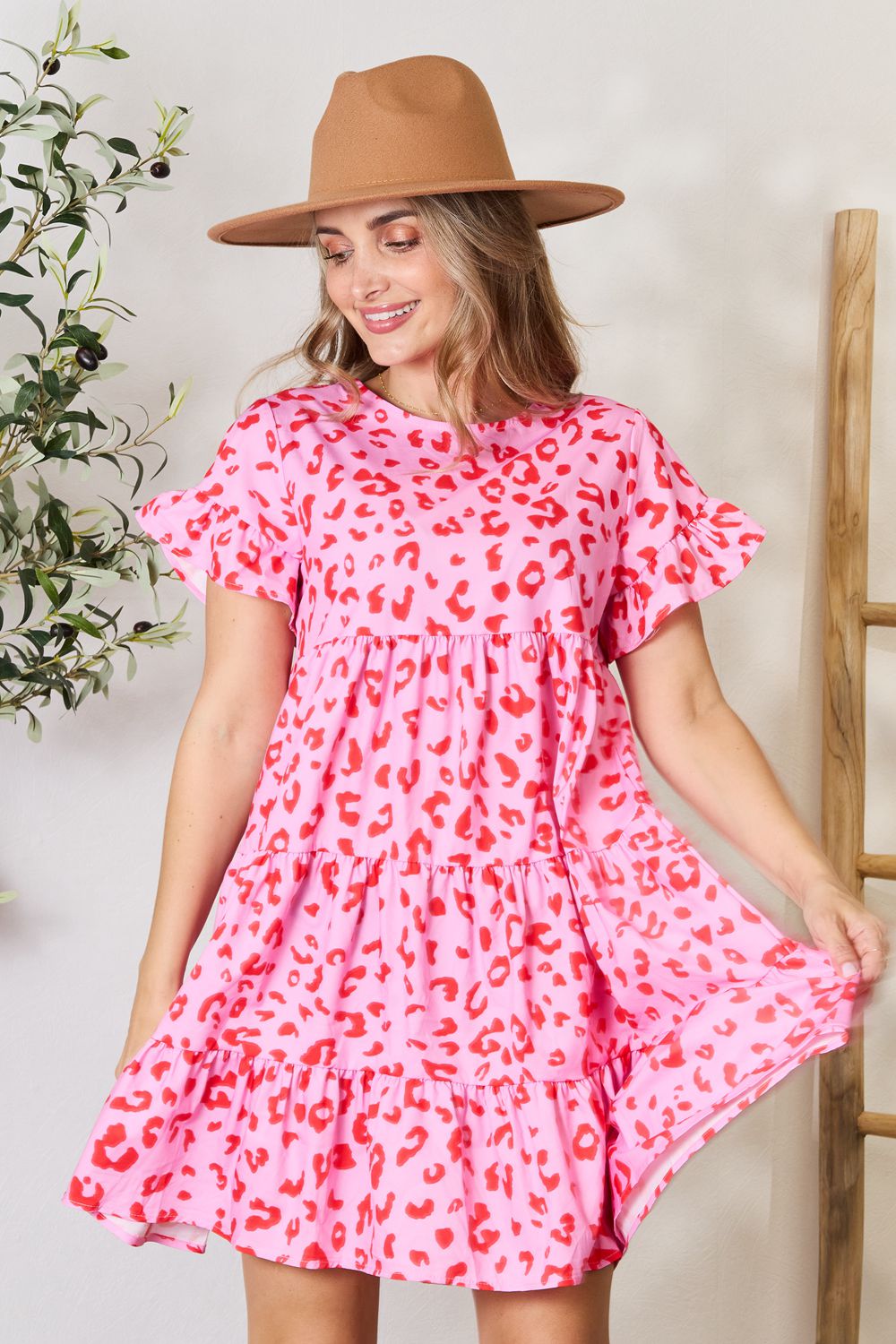 Double Take Short Flounce Sleeve Tiered Dress - DRESSES - Floral print