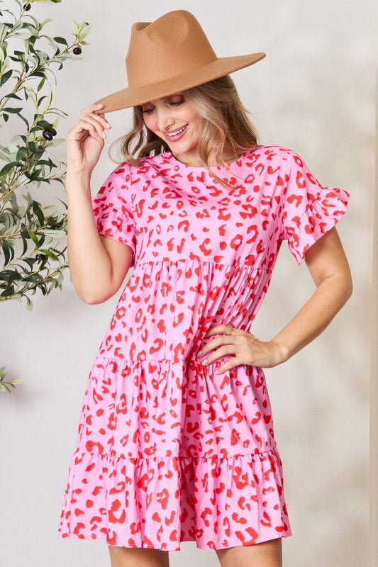 Double Take Short Flounce Sleeve Tiered Dress - Pink / S - DRESSES - Floral print