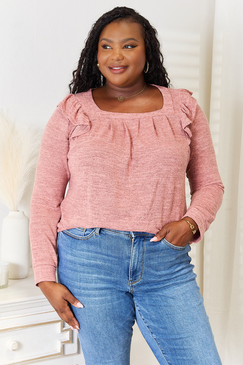 Double Take Square Neck Ruffle Shoulder Long Sleeve T-Shirt - Dusty Pink / S - TOPS - Dusty Pink