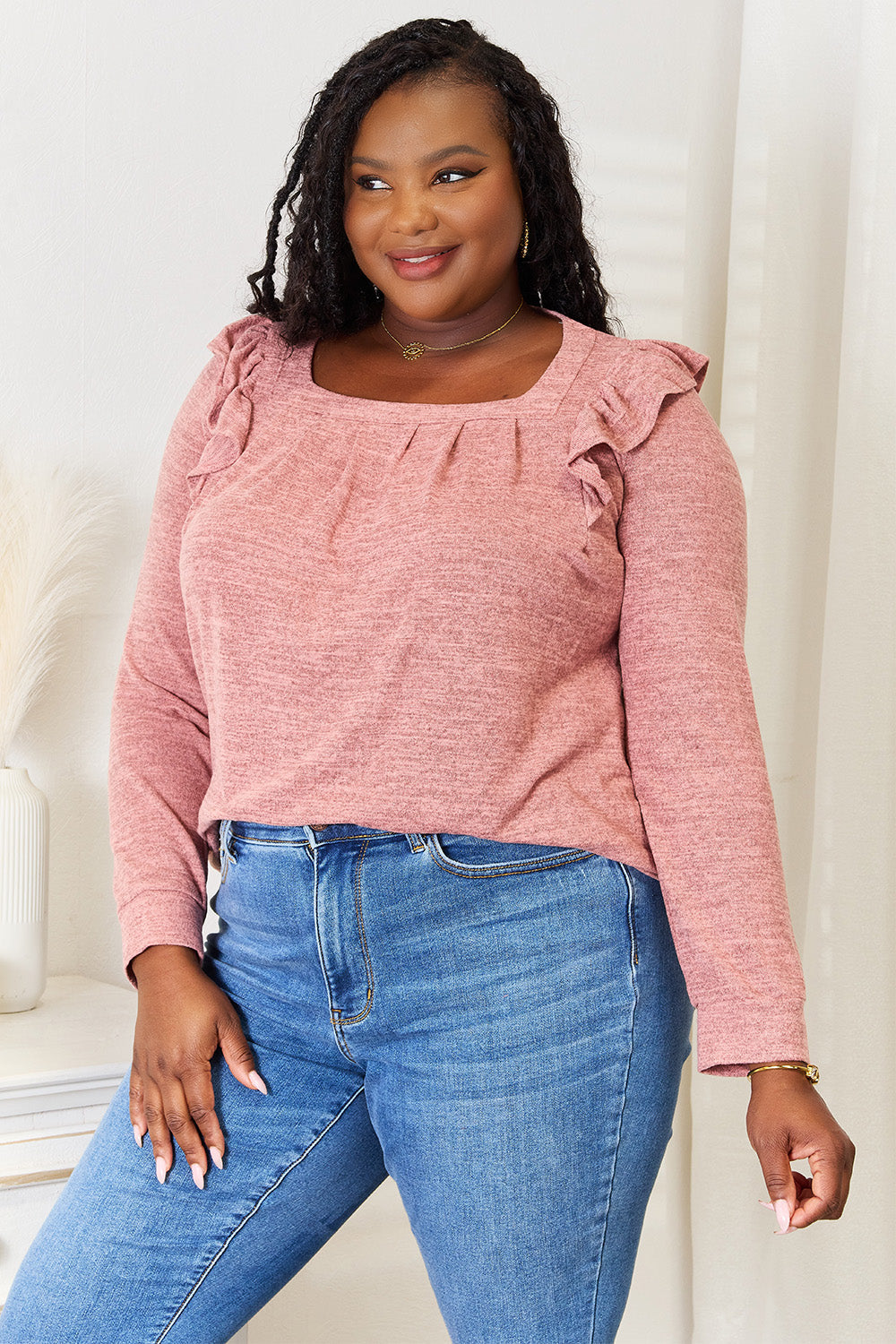 Double Take Square Neck Ruffle Shoulder Long Sleeve T-Shirt - TOPS - Dusty Pink