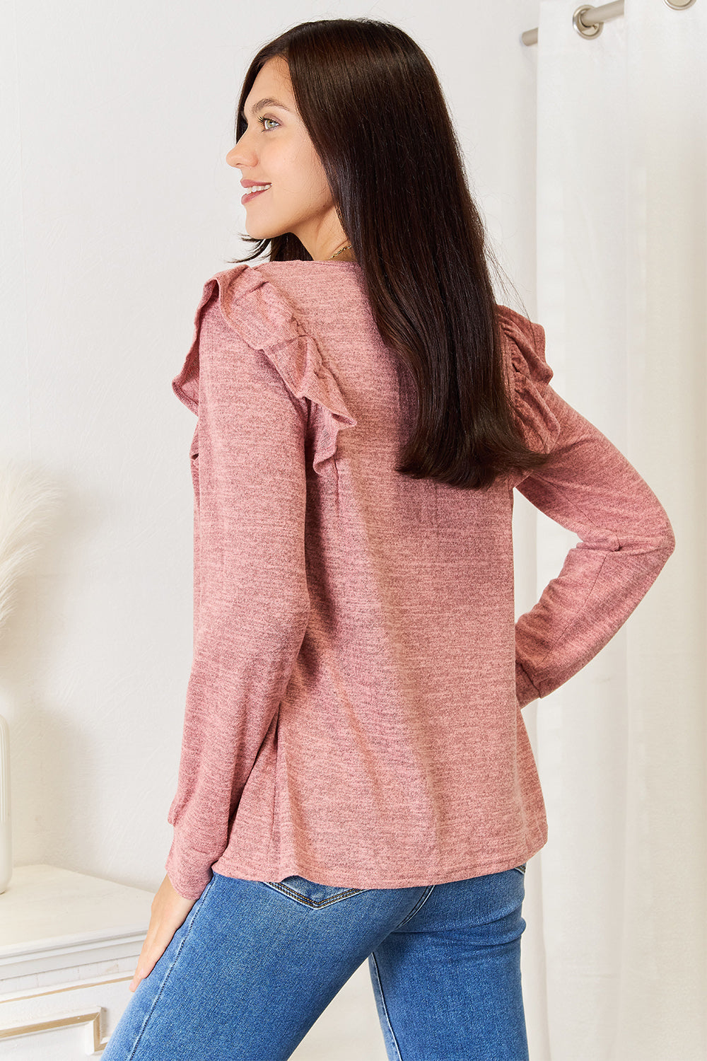 Double Take Square Neck Ruffle Shoulder Long Sleeve T-Shirt - TOPS - Dusty Pink