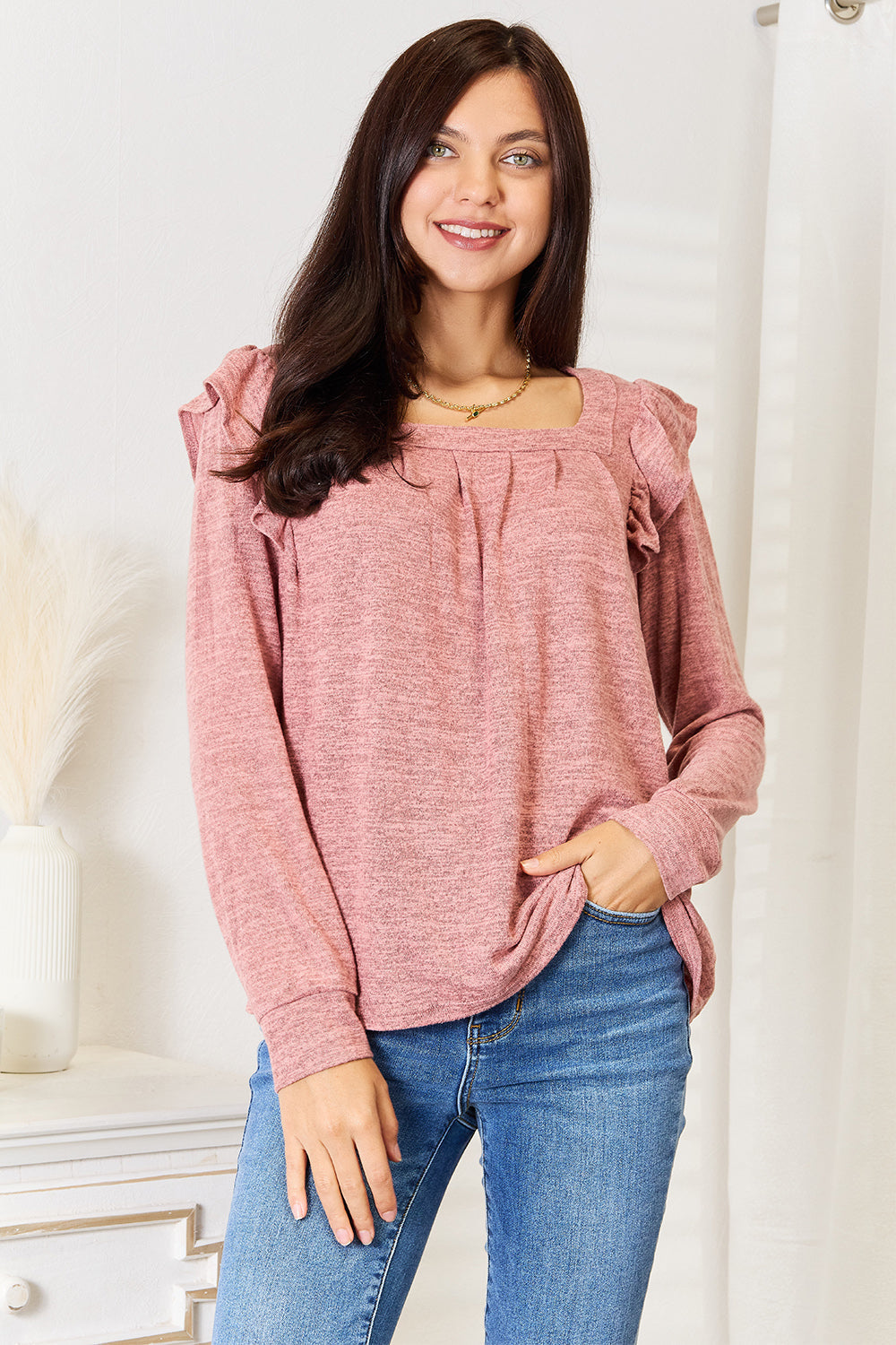 Double Take Square Neck Ruffle Shoulder Long Sleeve T-Shirt - TOPS - Dusty Pink