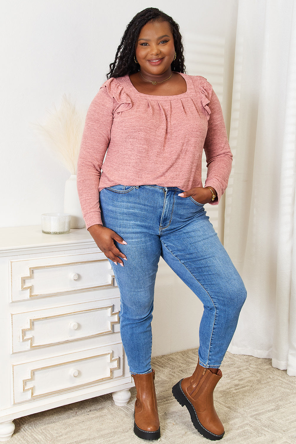 Double Take Square Neck Ruffle Shoulder Long Sleeve T-Shirt - TOPS - Dusty Pink