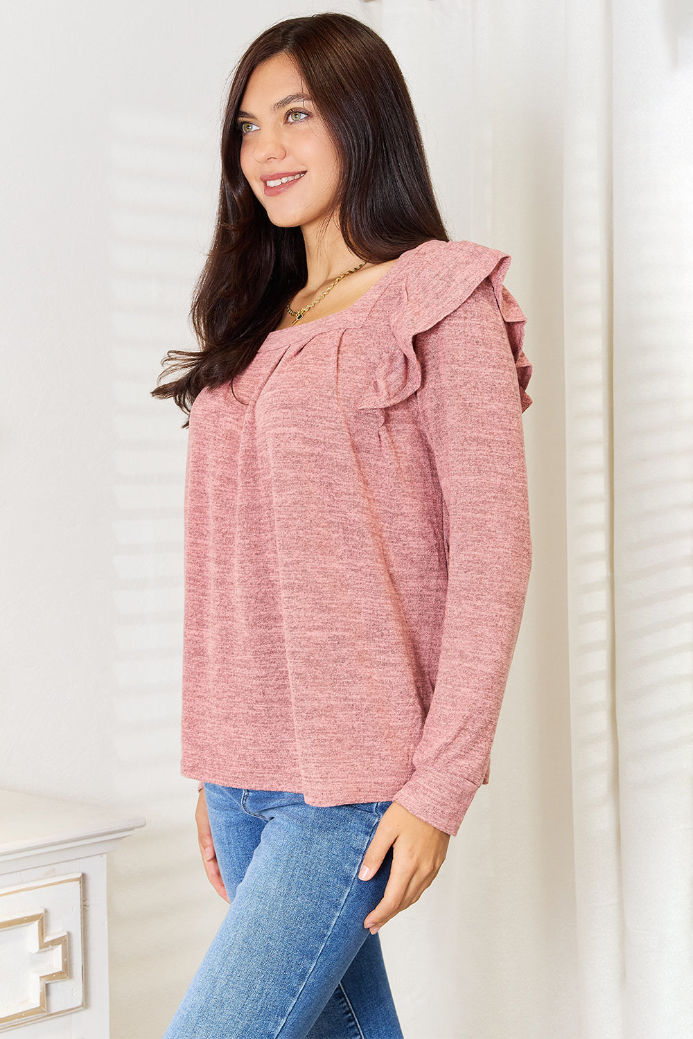 Double Take Square Neck Ruffle Shoulder Long Sleeve T-Shirt - TOPS - Dusty Pink