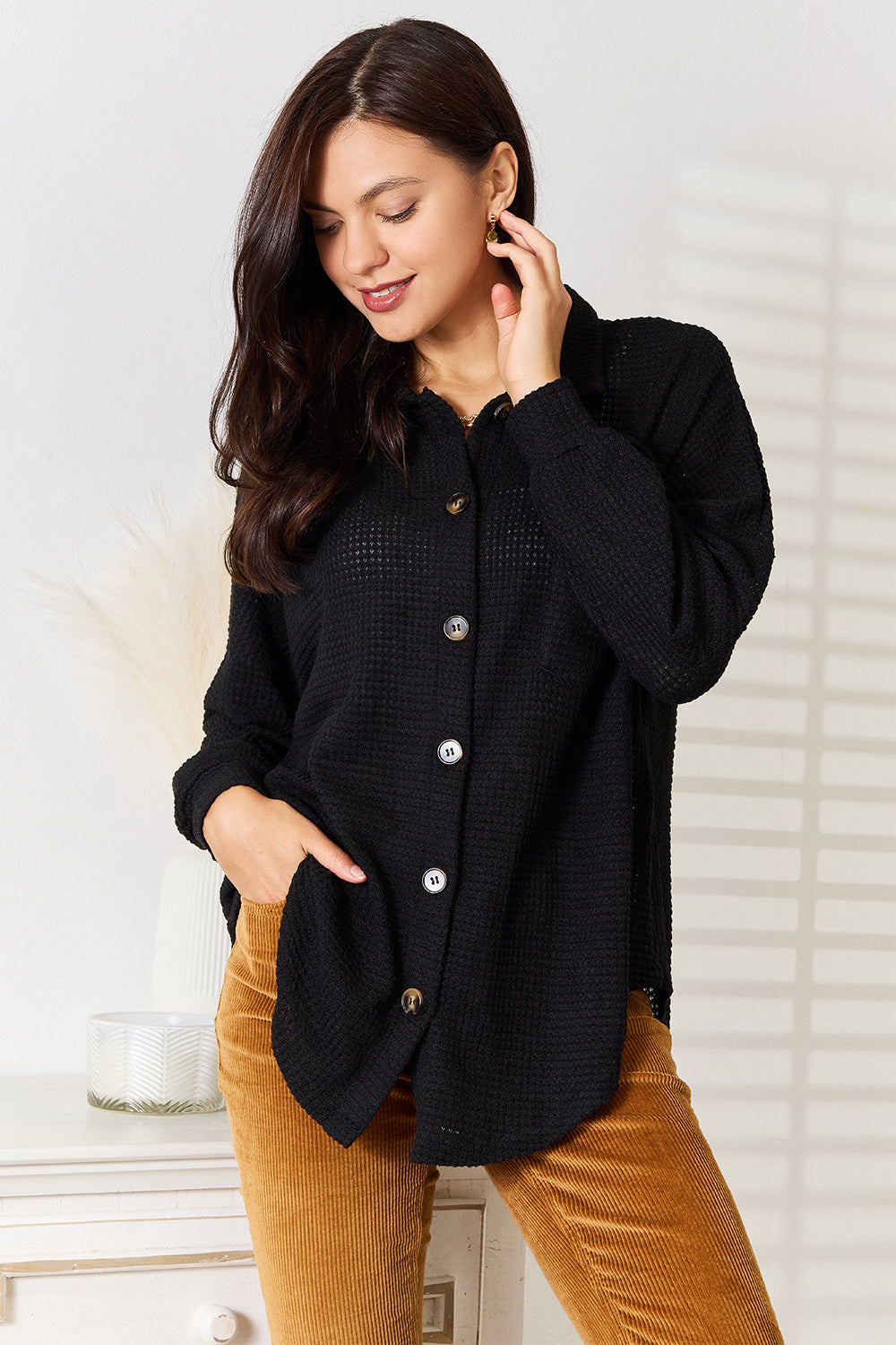 Double Take Waffle-Knit Collared Neck Dropped Shoulder Shirt - Black / S - SHIRTS & BLOUSES - Black