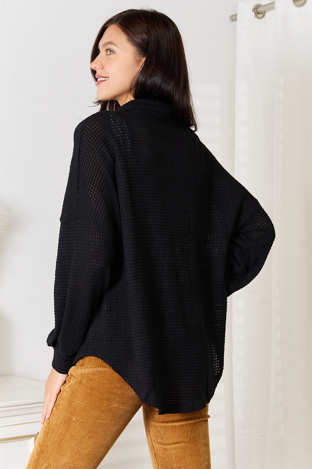 Double Take Waffle-Knit Collared Neck Dropped Shoulder Shirt - SHIRTS & BLOUSES - Black