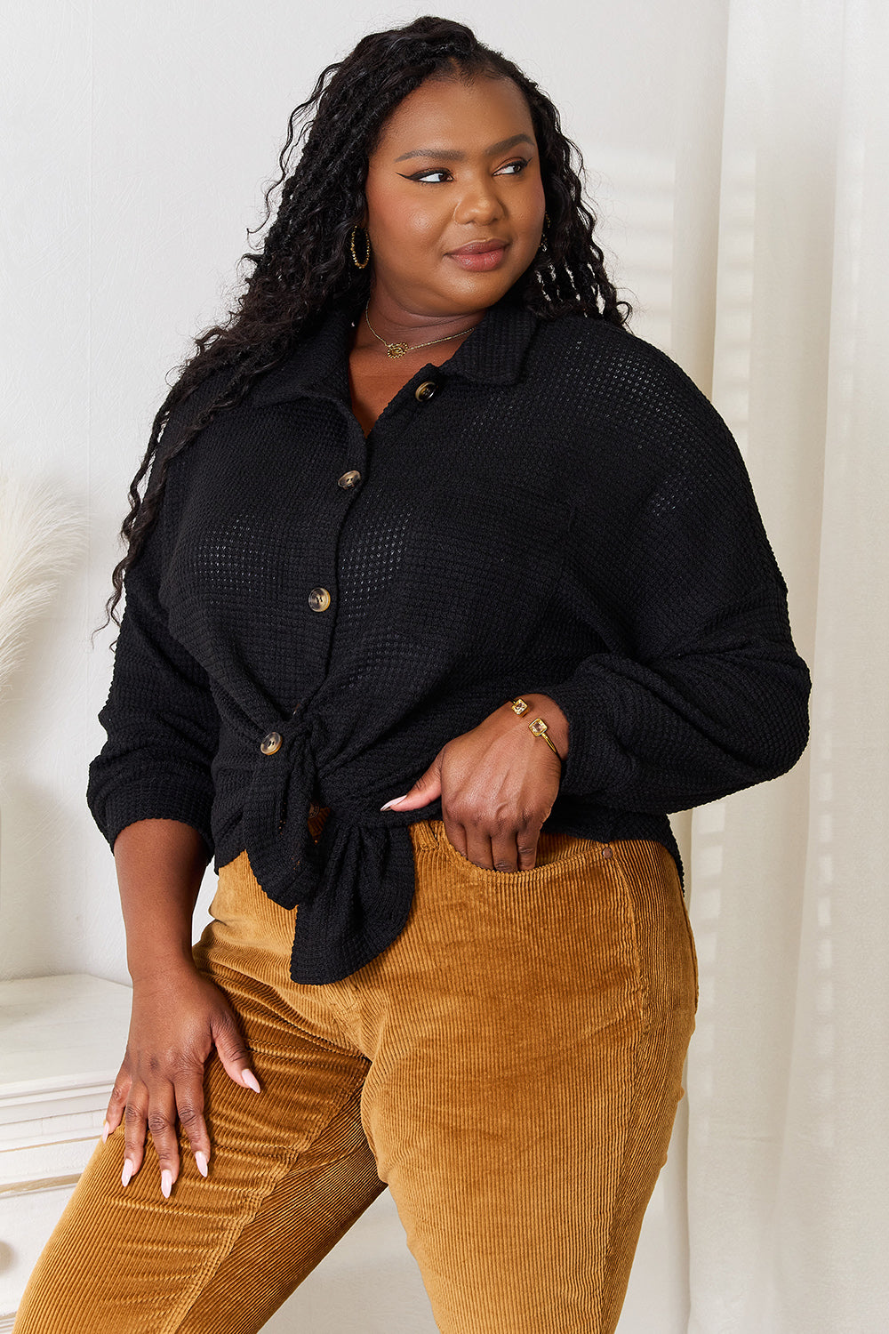 Double Take Waffle-Knit Collared Neck Dropped Shoulder Shirt - SHIRTS & BLOUSES - Black