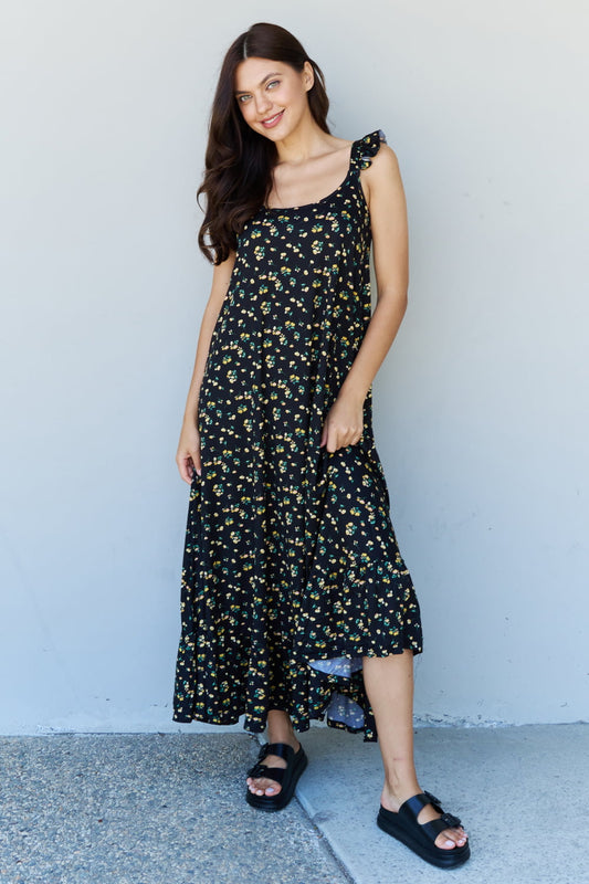 Doublju In The Garden Ruffle Floral Maxi Dress in Black Yellow Floral - Floral / S - DRESSES - Floral print