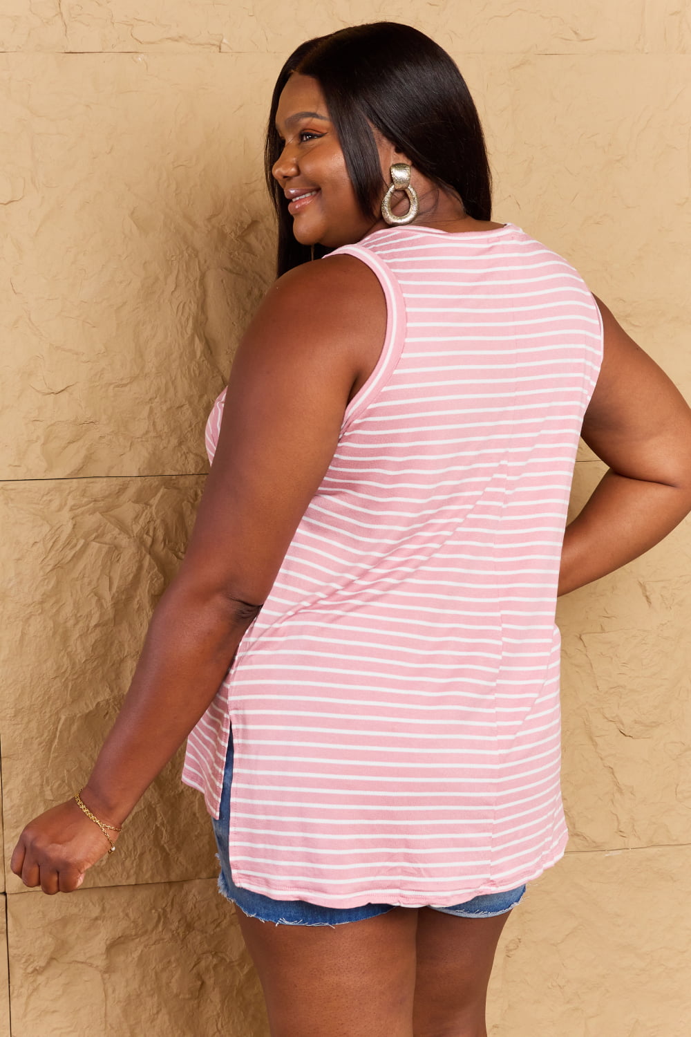 Doublju Talk To Me Full Size Striped Sleeveless V-Neck Top - SHIRTS & BLOUSES - Pink