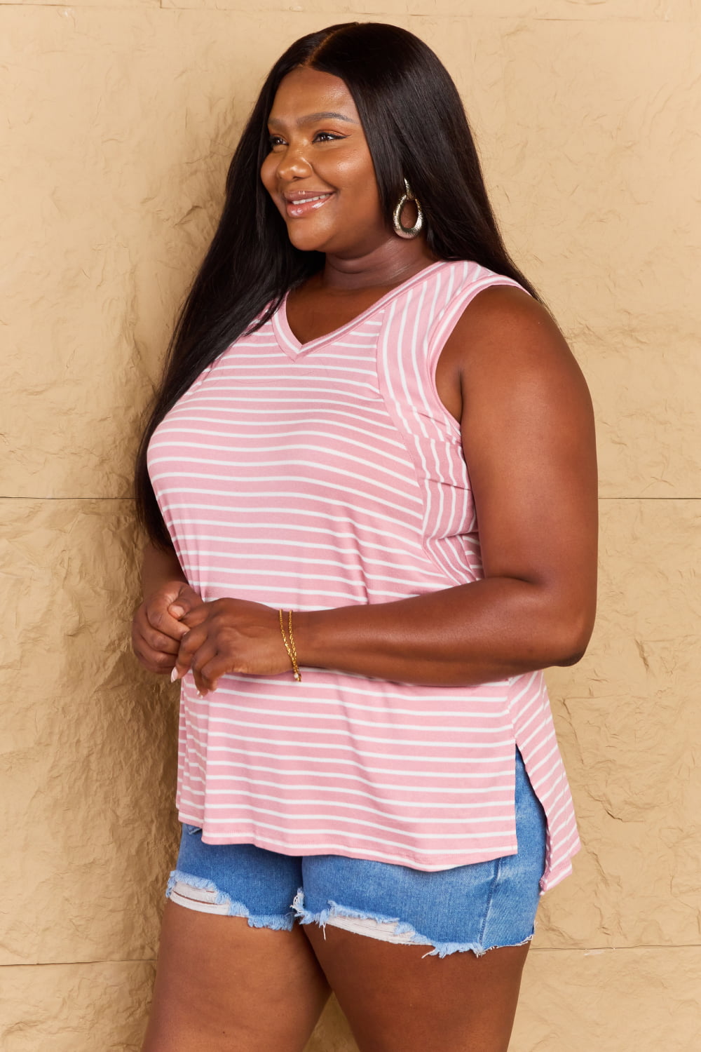 Doublju Talk To Me Full Size Striped Sleeveless V-Neck Top - SHIRTS & BLOUSES - Pink