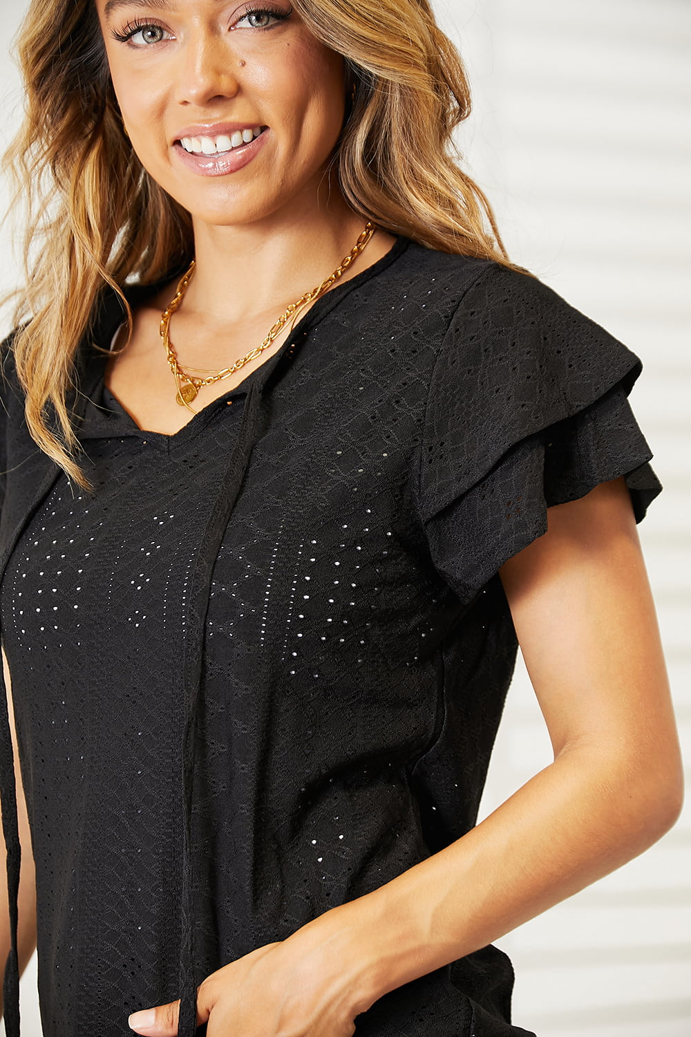 Eyelet Tie-Neck Flutter Sleeve Blouse - SHIRTS & BLOUSES - Black