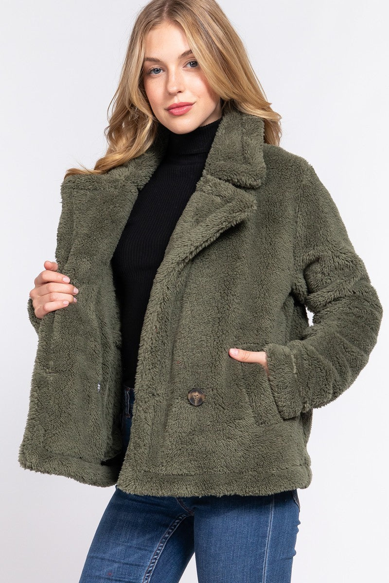 Faux Fur Sherpa Jacket - JACKETS & OUTWEAR - Green