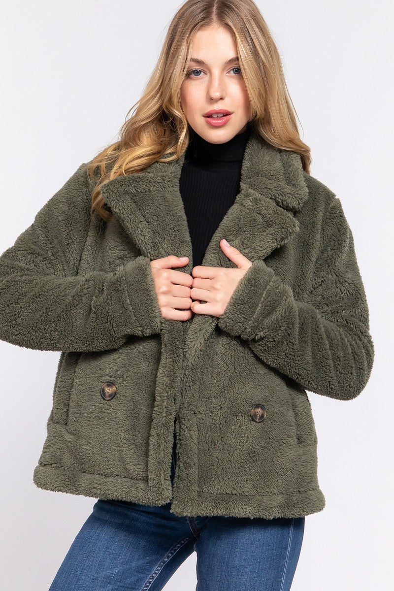 Faux Fur Sherpa Jacket - JACKETS & OUTWEAR - Green