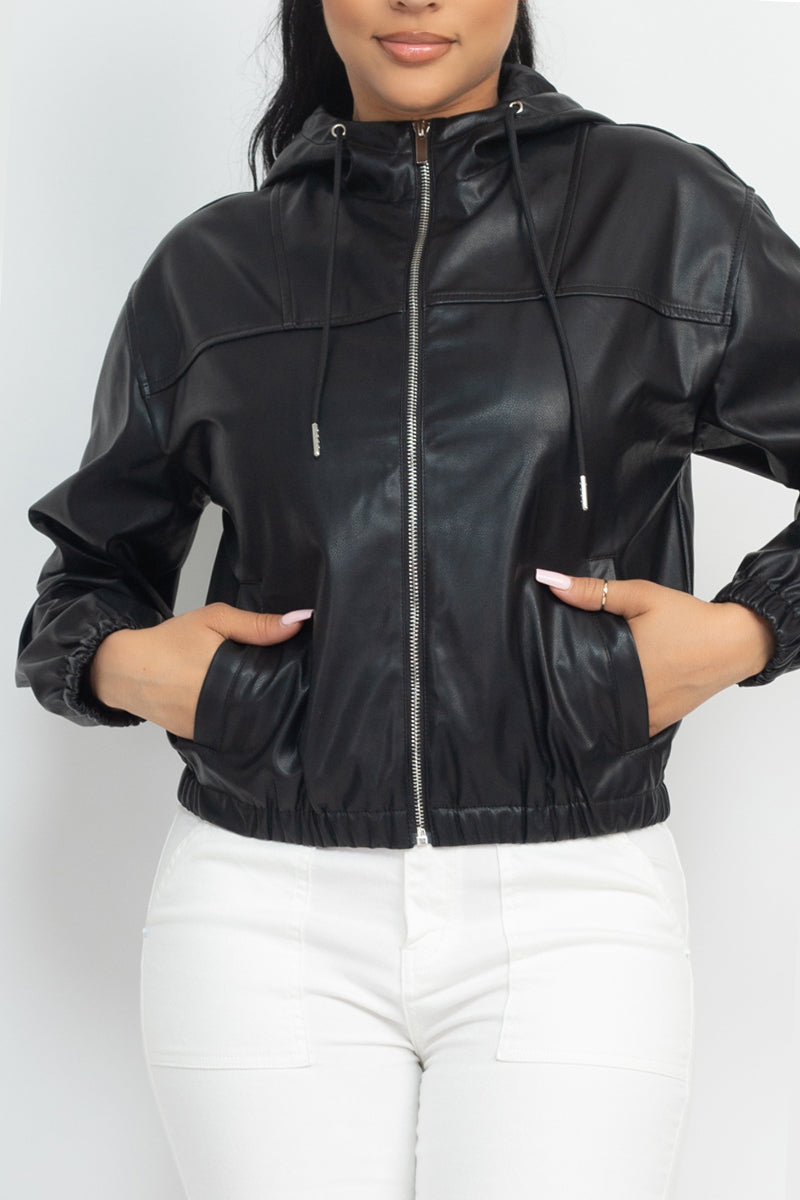 Faux Leather Hoodie Jacket - JACKETS & OUTWEAR - Black