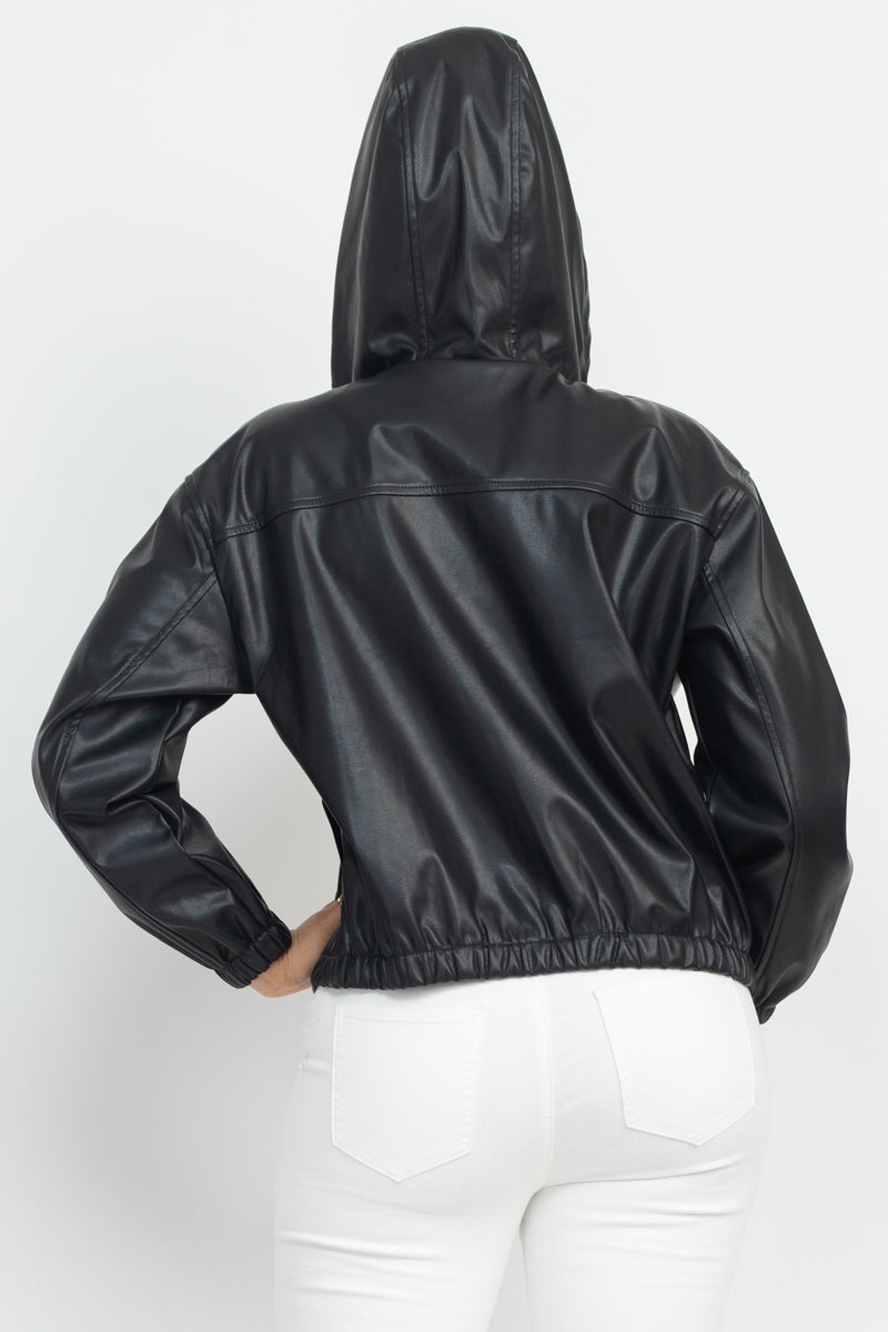 Faux Leather Hoodie Jacket - JACKETS & OUTWEAR - Black