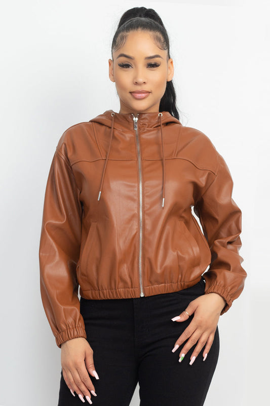 Faux Leather Hoodie Jacket - JACKETS & OUTWEAR - Brown