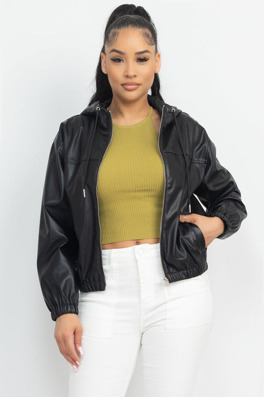 Faux Leather Hoodie Jacket - JACKETS & OUTWEAR - Black