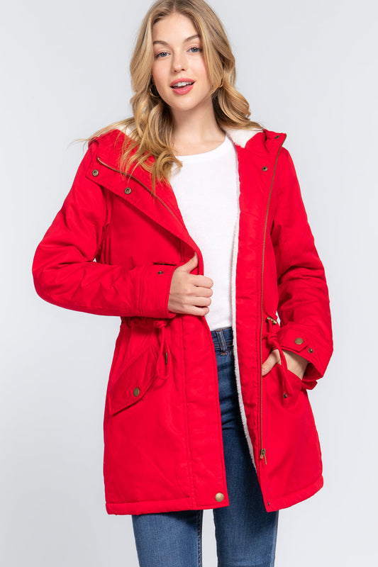 Fleece Lined Fur Hoodie Utility Jacket - JACKETS & OUTWEAR - Red