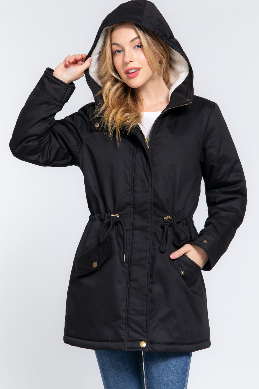 Fleece Lined Fur Hoodie Utility Jacket - JACKETS & OUTWEAR - Black