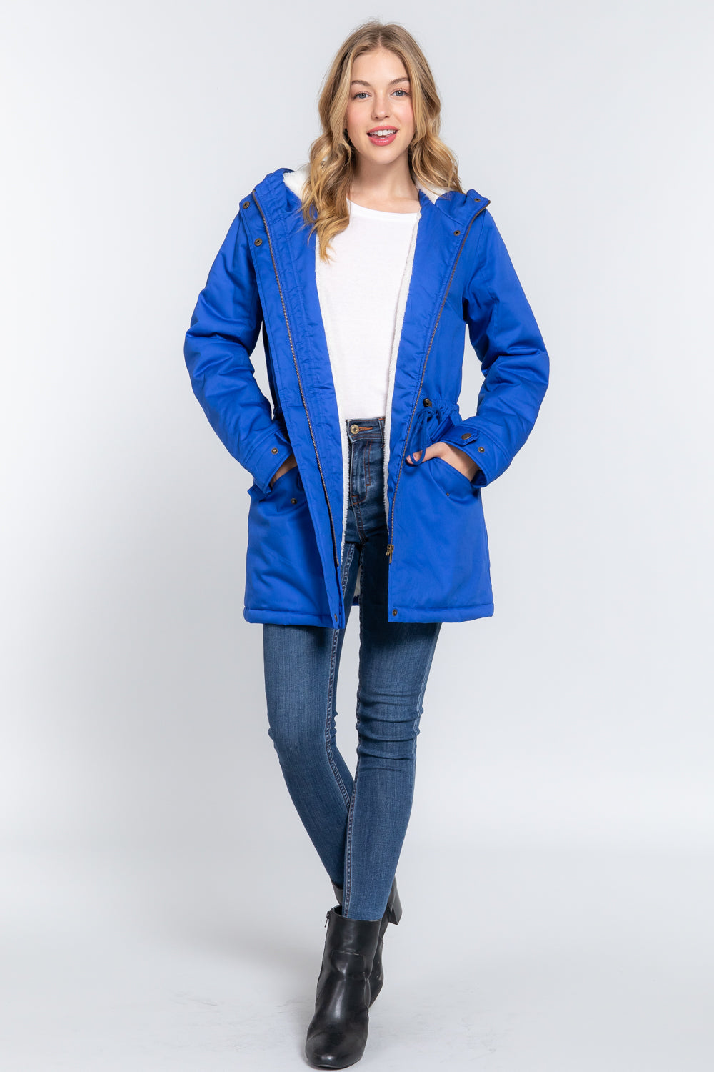 Fleece Lined Fur Hoodie Utility Jacket - JACKETS & OUTWEAR - Blue