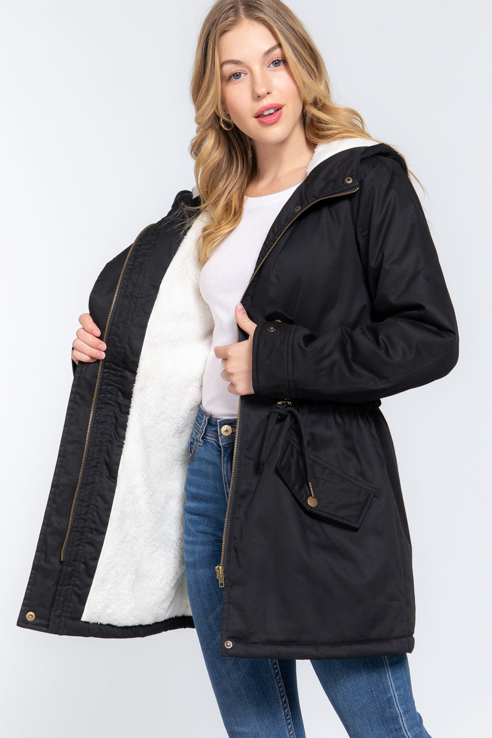 Fleece Lined Fur Hoodie Utility Jacket - JACKETS & OUTWEAR - Black