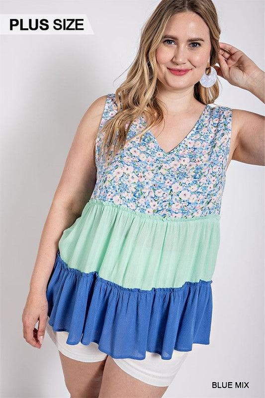 Floral Color Block Ruffle Detail Tiered V-neck Top Smile Sparker