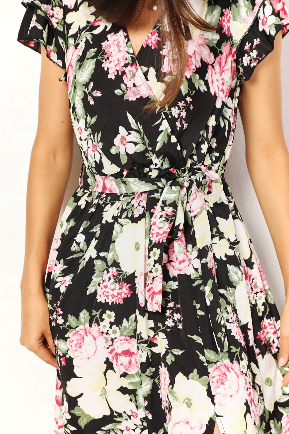 Floral Flutter Sleeve Tie-Waist Split Dress - PLUS DRESSES - Black